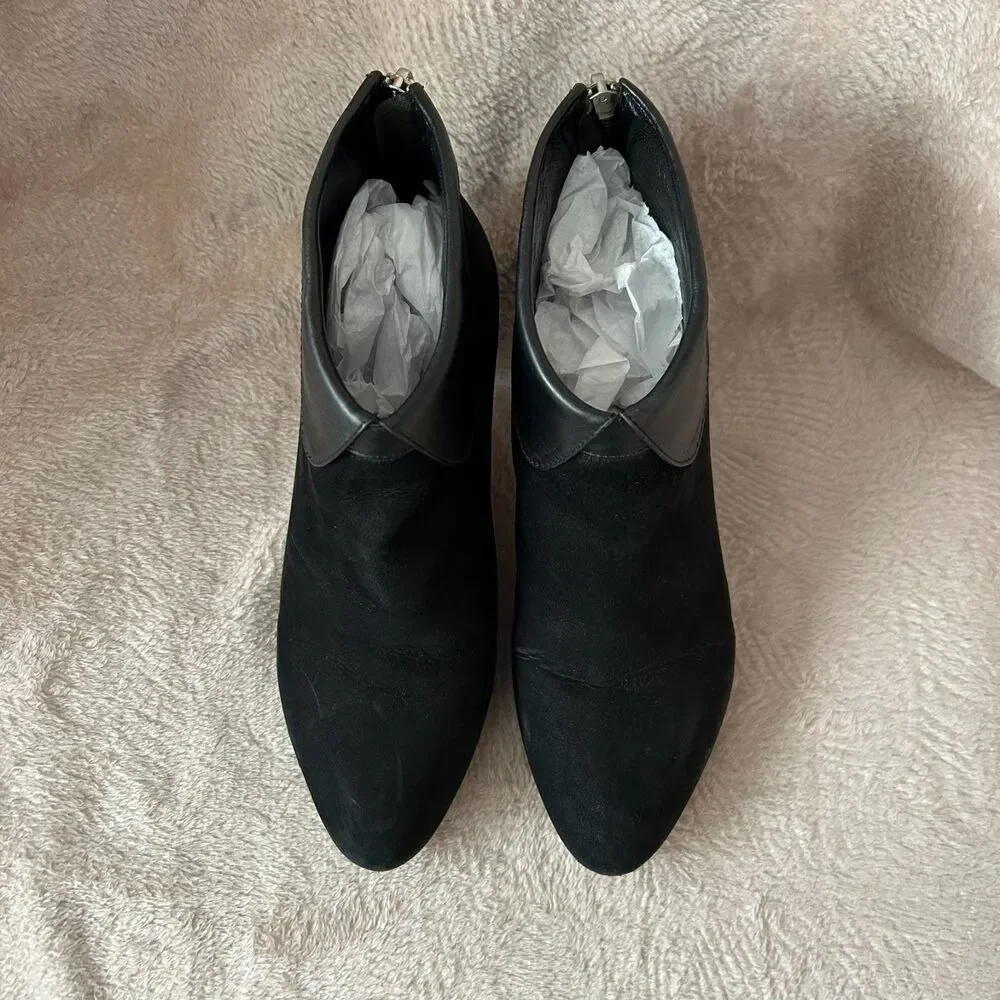 Loeffler Randall Suede Black Ankle Boots with Leather Peter Pan Collar